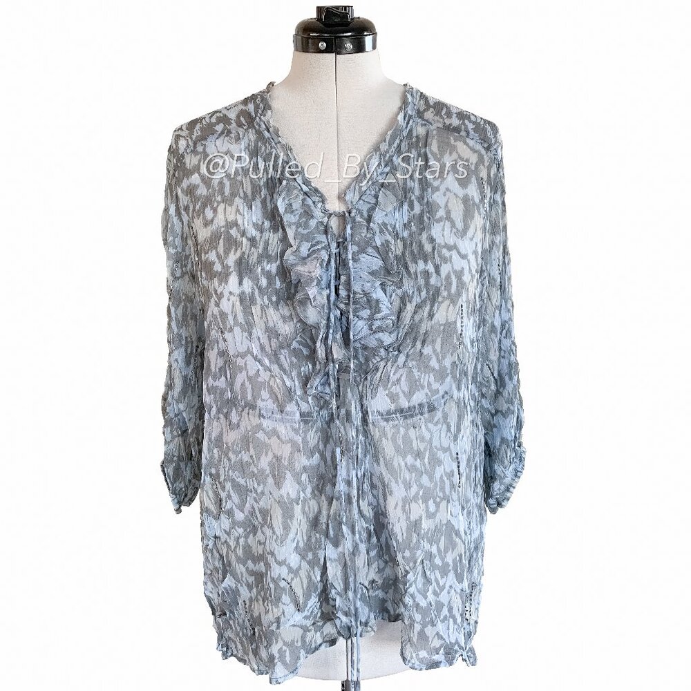 CHAN LUU Blue & Gray Sheer Viscose Blouse + Beaded Embellishments | Size M